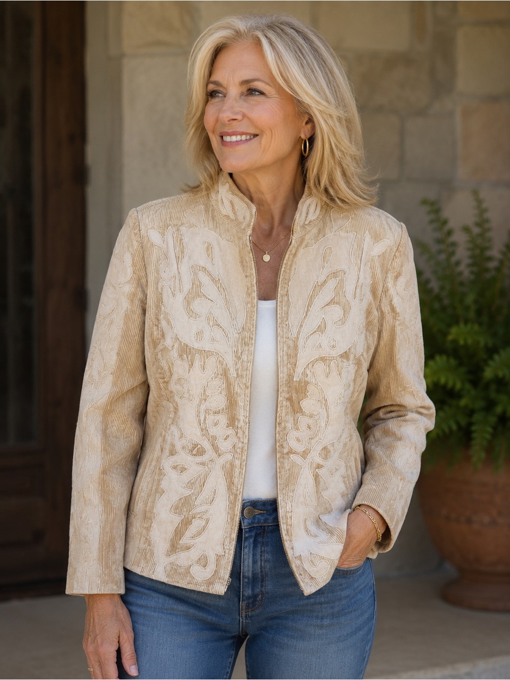 Victor Costa Womens Embroidered Hippy Boho tan Jacket Top corduroy Sz 1X
